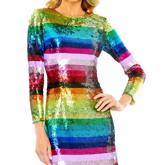Mac Duggal Rainbow Sequin Mini Long Sleeve Dress Fun Pride size 6 - Picture 4 of 7